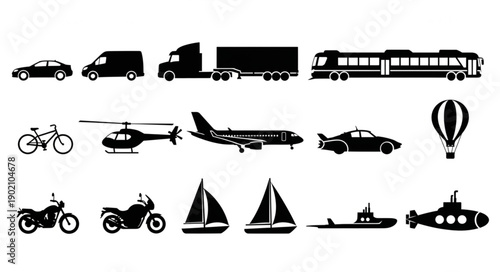 Collection of various transportation vehicles and modes of transport.