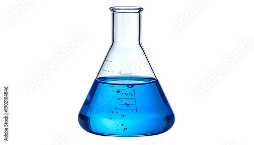 An isolated lab flask, clear glass with a conical body and narrow neck, filled with vibrant blue liquid, sits against black