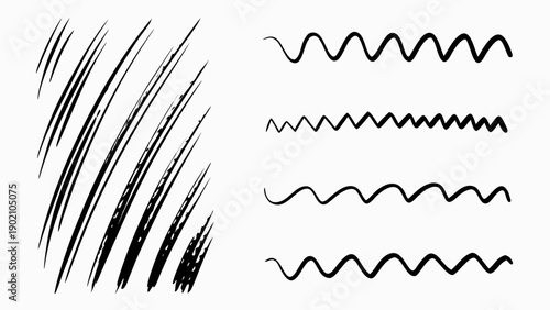 Monochrome line art featuring abstract ink ripple patterns and expressive brush strokes on a white background