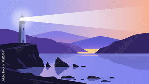 Lighthouse Sunset Landscape Background Calm Sea Minimal Vector