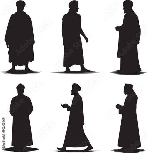 Silhouettes of men in traditional robes and turbans standing and walking