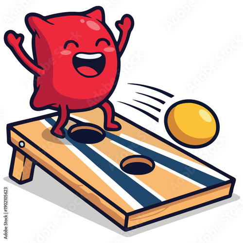 An enthusiastic red beanbag cartoon character stands on a cornhole board celebrating a yellow beanbag toss