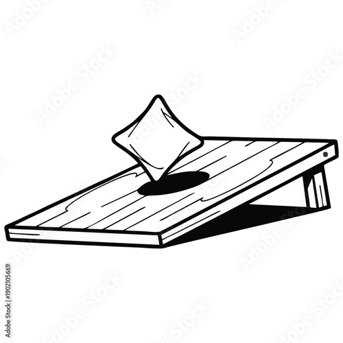 Illustration depicting a cornhole board featuring a beanbag in mid air as it drops into the circular target hole Represents outdoor leisure and competitive yard games