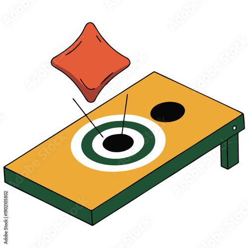 Vibrant illustration showing a red beanbag in mid air aimed at the target hole of a yellow and green cornhole board Perfect for summer games and outdoor recreation