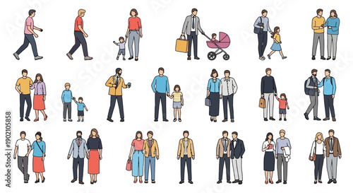 A diverse collection of people in various family and social groupings, depicted in a flat, illustrative style.