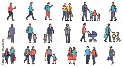 A collection of diverse people in various casual and professional settings, walking and interacting.