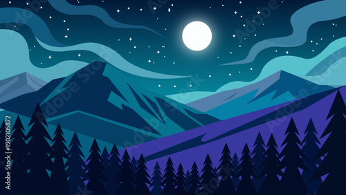 Night Mountain Landscape Moonlight Forest Vector Background
