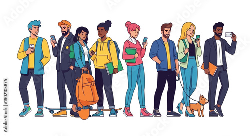 A diverse group of young adults, each holding a smartphone, are depicted in a colorful illustration, representing modern communication and social connection.