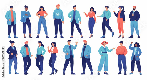 A diverse group of men and women standing together, showcasing a variety of casual and professional attire, representing modern society and inclusivity.