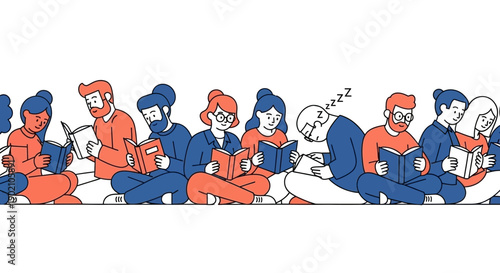 A diverse group of people of various ages and genders are sitting together, engrossed in reading books, some with focused expressions and one person asleep.
