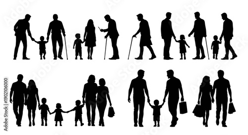 Silhouettes of families walking together, including parents holding hands with children and elderly individuals with canes.