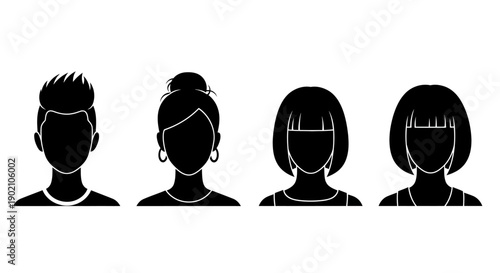 Silhouettes of four diverse individuals, showcasing different hairstyles and gender representations, against a white background.