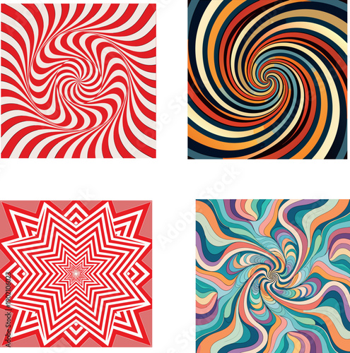 Set of Hypnotic Abstract Spiral Backgrounds and Optical Illusion Vector Patterns