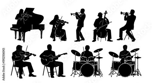 Silhouettes of a jazz band playing various musical instruments on a white background.