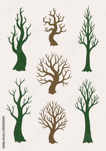 Stylized vector graphic featuring a collection of unique bare trees in varying green and brown tones, ideal for natural designs and autumn themes