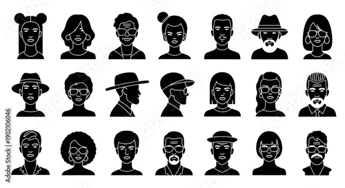 A collection of diverse black and white silhouette icons representing various people with different hairstyles, accessories, and facial features, suitable for avatars or profile pictures.