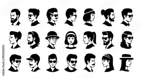 A collection of diverse black and white profile illustrations of men and women with various hairstyles and accessories.