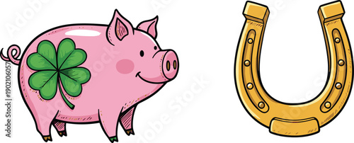 Black lucky charm vector illustration, pink pig with four-leaf clover and golden horseshoe, prosperity fortune cultural symbol design art