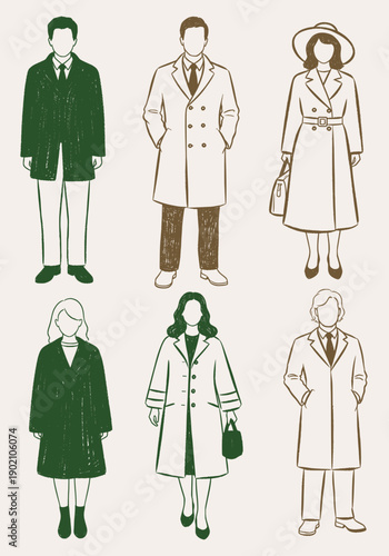 Stylized vector illustration of diverse men and women in classic coats, featuring textured line art for fashion, lifestyle, and design concepts