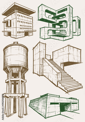 A collection of detailed hand-drawn vector illustrations depicting various modern architectural structures and an industrial water tower with distressed textures