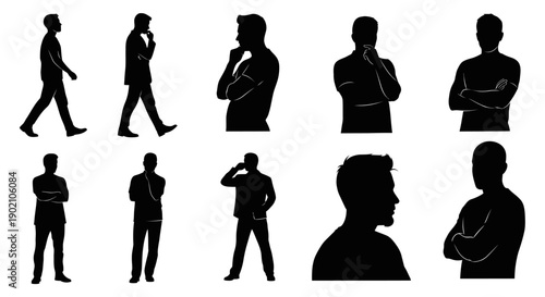 Collection of black silhouette illustrations of men in various poses and contemplative stances.