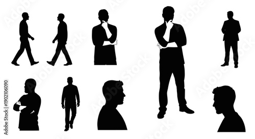 Collection of black silhouette figures of men in various poses, including walking, standing, and thinking.