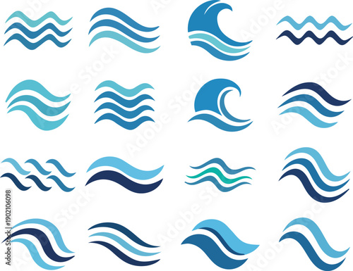 Collection of stylized wave icons in varying shades of blue and arrangements