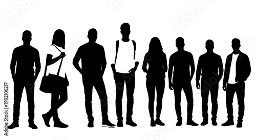 A group of diverse silhouettes of people standing together against a white background, showcasing various poses and attire.