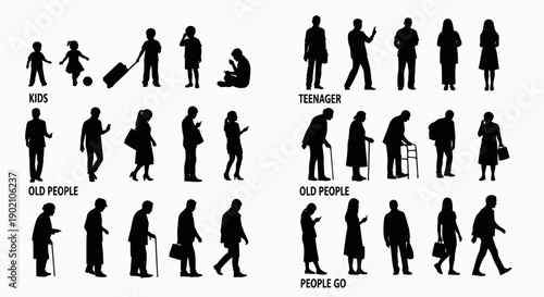 Collection of Silhouettes Representing Different Age Groups and Activities of People.