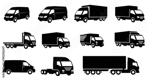 Collection of Various Truck and Van Silhouettes for Transportation and Logistics.