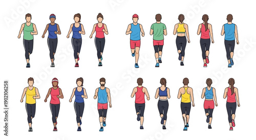 A diverse group of men and women of various ethnicities and body types are depicted running from both front and back views.