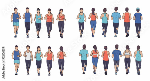 Collection of diverse men and women running from front and back views, showcasing athletic wear and fitness.
