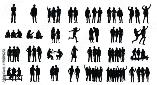 A collection of black silhouette figures of people in various poses and group arrangements.
