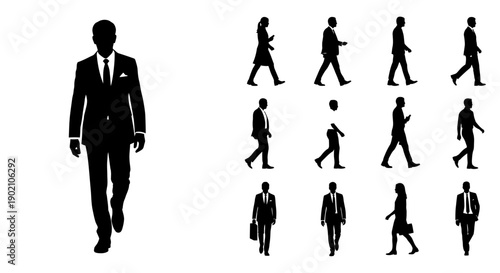 Collection of black silhouettes of people walking in various poses, including a prominent businessman in a suit on the left.