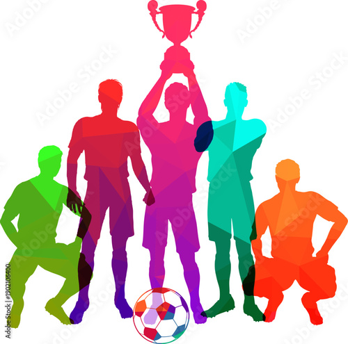 Silhouettes of soccer players with trophy cup
