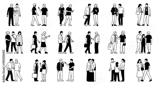 A collection of diverse line art illustrations depicting various social interactions and conversations between people in different settings.