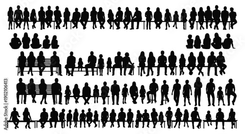 A comprehensive collection of diverse human silhouettes in various seated and standing poses, illustrating a crowd.