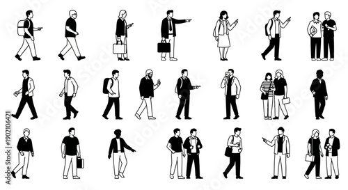 A collection of diverse black and white line art illustrations depicting various individuals in different poses and activities, showcasing a range of human figures.