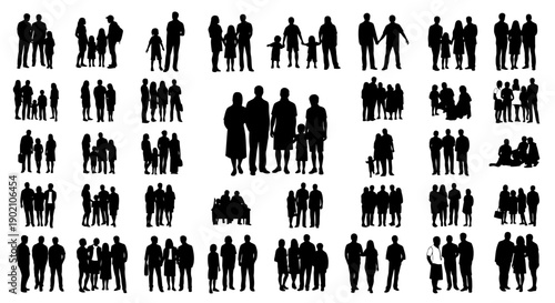 A collection of diverse silhouette figures representing various family and group compositions, set against a white background.