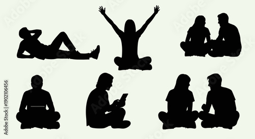 Silhouettes of people in various relaxed poses, including sitting, lying down, and interacting.