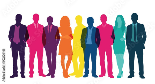 A diverse group of silhouetted business professionals standing together in a line, showcasing variety in gender and attire.