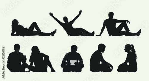 Silhouettes of people in various relaxed sitting and reclining poses against a light background.