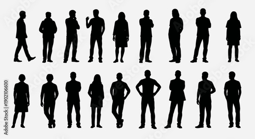 A collection of diverse human silhouettes in various poses and attire, presented against a white background.