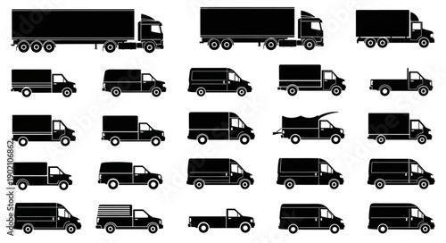 Collection of Various Truck and Van Silhouettes for Logistics.