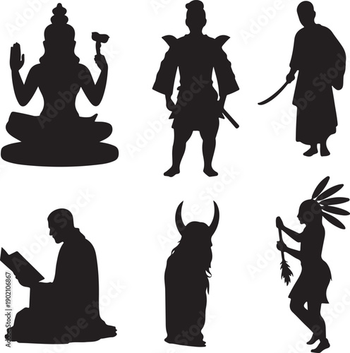 Silhouettes of people from different cultures and professions  various human figures