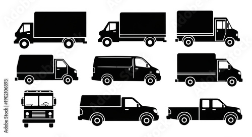 Collection of various truck and van silhouettes for transportation and delivery services.