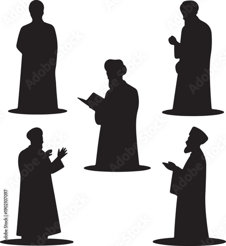 Silhouettes of people in robes with various poses and gestures