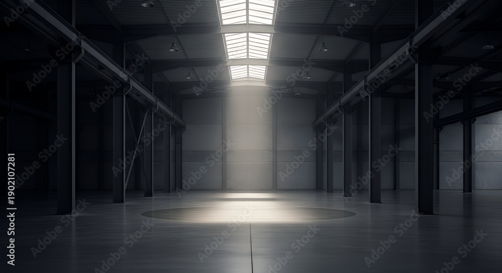 Naklejka premium Empty industrial warehouse with dramatic light beam spotlight