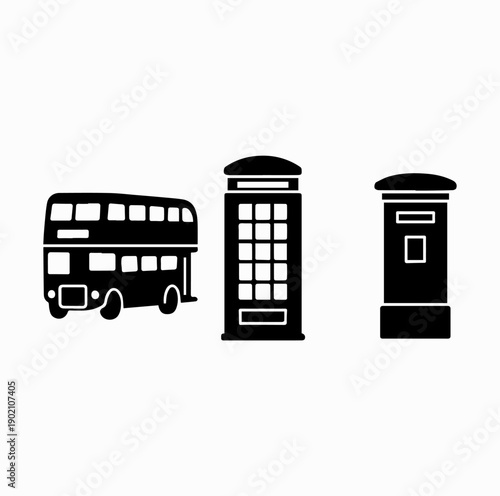 London Iconic Elements Black and White Vector Set – Double Decker Bus, Telephone Box, Post Box