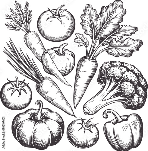 Black and pen and ink of assorted fresh vegetables carrots tomatoes pumpkin broccoli